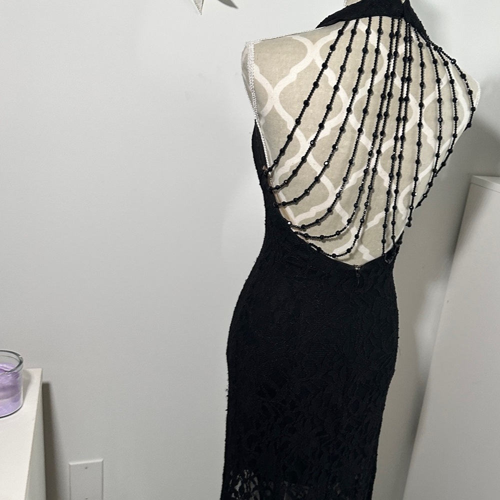 Elegant Black lace Halter Dress with beaded back